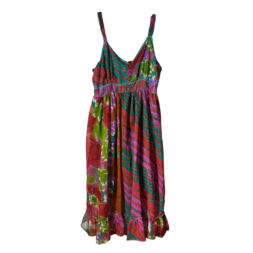 Mamta Boho Patchwork Floral Midi Dress Womens OS Multicolor Glitter Smocked Back
